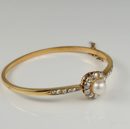 Antique Victorian Pearl and Diamond Rare 18ct Rose Gold Bangle