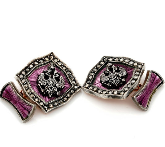 Antique Fabergé Mikhail Perkhin Antique Diamond Guilloche Cufflinks
