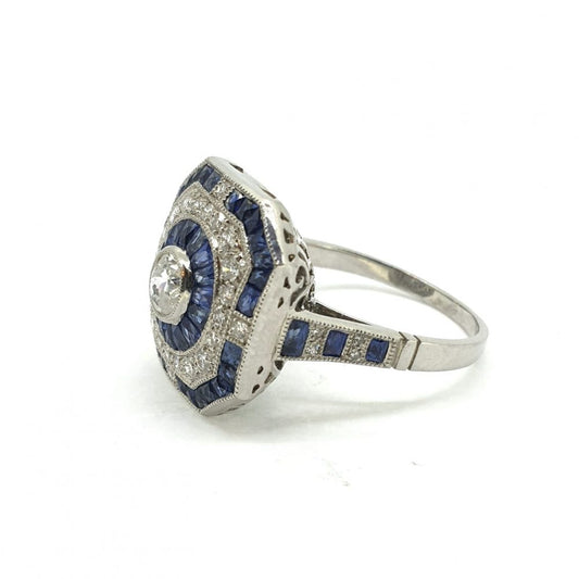 Diamond and Calibre Sapphire Target Cluster Dress Ring in Platinum