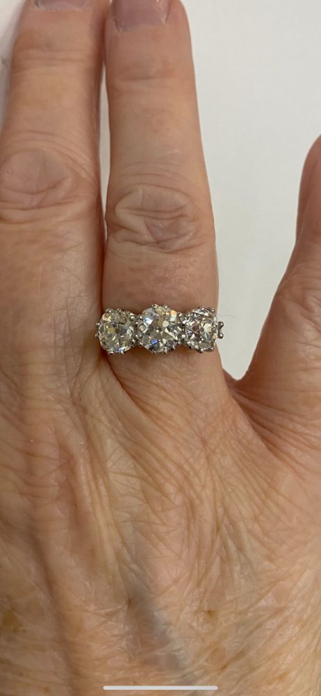 Old Cut Diamond Three Stone Ring in Platinum, 3.01 carat total, colour G, clarity SI1