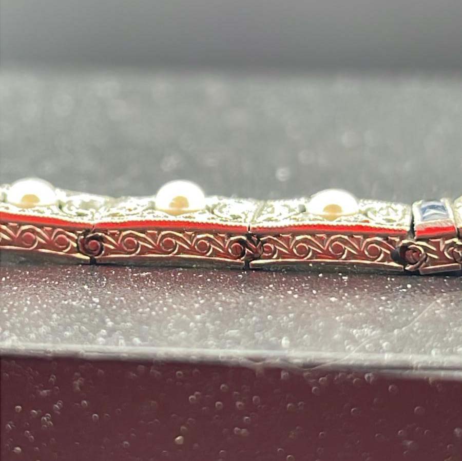 Edwardian Antique Natural Pearl Diamond and Sapphire Filigree Bracelet