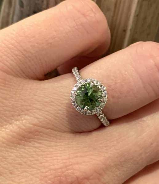 1.50ct Afghanistan Mint Tourmaline and Diamond Cluster Ring, 18ct White Gold