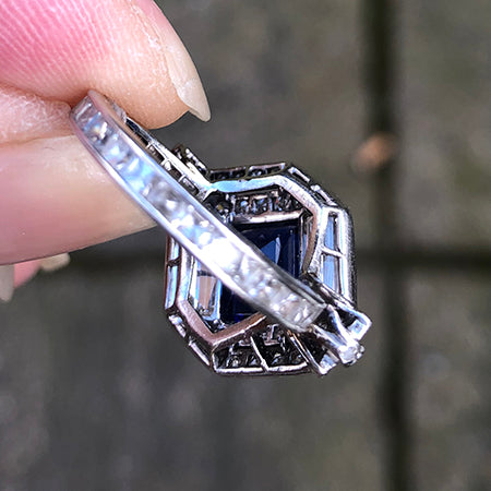 Vintage Square Cut Sapphire and Diamond Engagement Ring