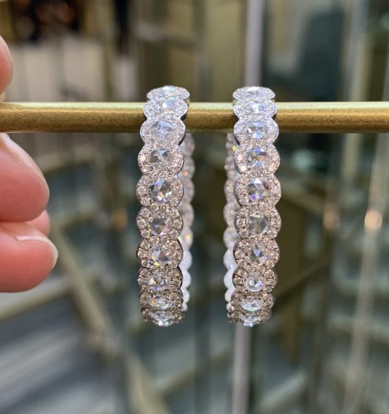Diamond Hoop Earrings with Rose and Round Cut Diamonds , 5.20 carats