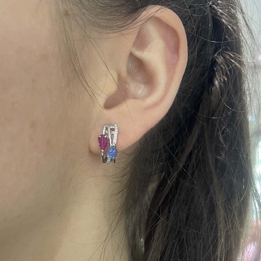 Contemporary Ruby, Sapphire and Diamond Hoop Earrings In White Gold