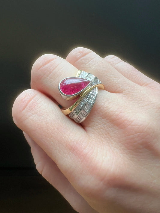 2.70ct Pear Cabochon Ruby and Baguette Diamond Ring in Platinum and 18ct Gold