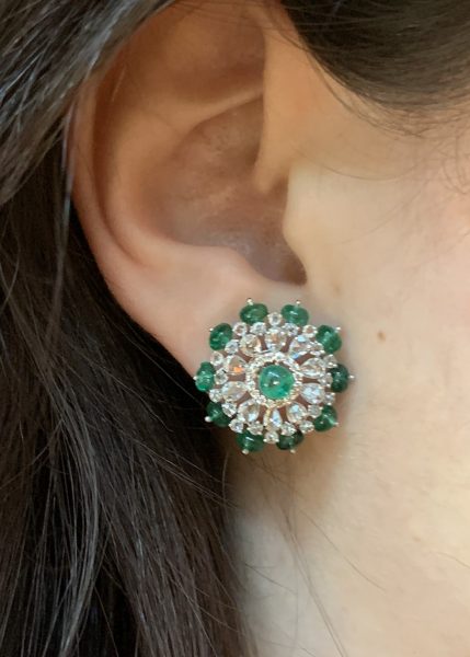 Pair of Emerald and Diamond Cluster Earrings, 9.13 carat total