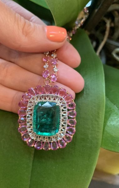 Emerald, Diamond and Pink Sapphire Cluster Necklace, 37.10 carat total