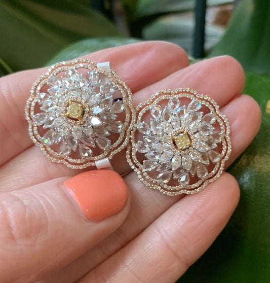 Pair of Fancy Yellow Diamond Floral Cluster Earrings, 6.19 carat total