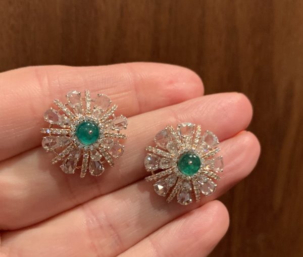 Pair of Emerald and Diamond Starburst Cluster Earrings, 6.15 carat total