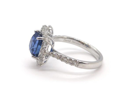 Sri Lankan Sapphire and Diamond Cluster Ring, 18ct White Gold