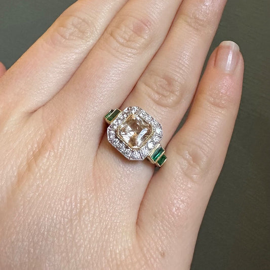 Golden Sapphire, Emerald & Diamond Cluster Ring