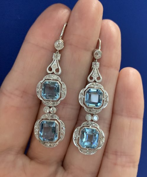 Art Deco earrings aquamarine and diamond