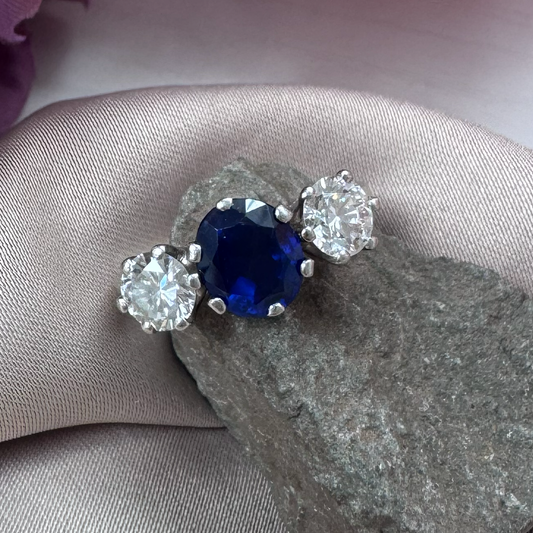 Vintage 1.72ct Oval Sapphire and Diamond Three Stone Engagement Ring