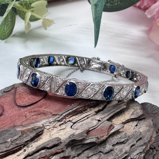 Antique Vintage Art Deco Cushion Sapphire and Diamond Bangle Bracelet