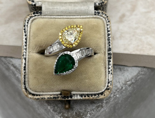 Pear Shape Fancy Yellow Diamond and Emerald Crossover Ring