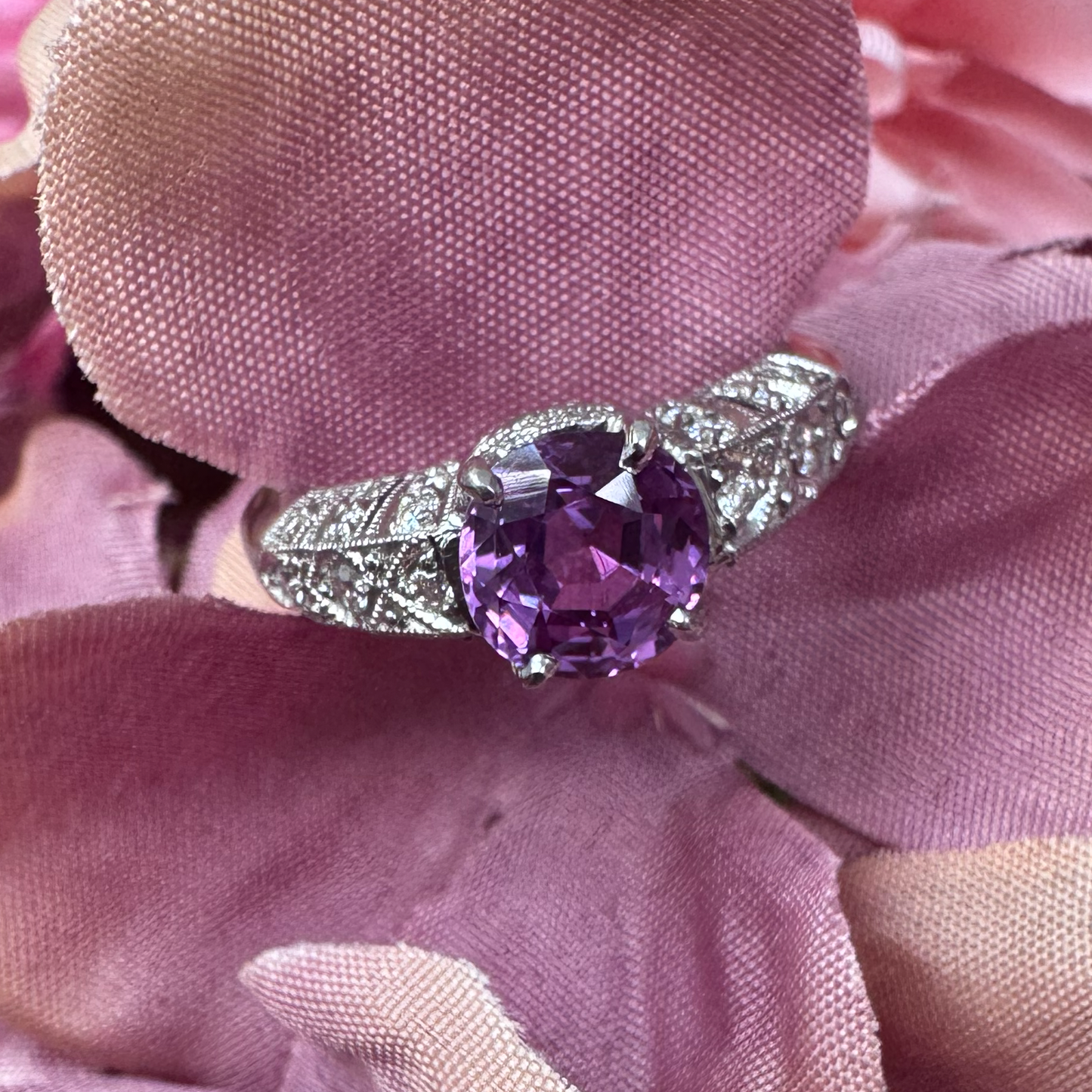 Pink Sapphire and Diamond Engagement Ring in Platinum, 1.57 carats