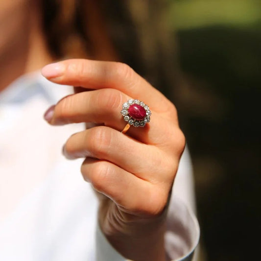 18K Gold Ring with 5.25ct Natural Cabochon Ruby & Diamonds