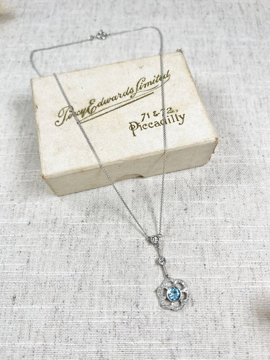 Antique 18ct White Gold, Edwardian Aquamarine & Diamond Articulated Flower Pendant Necklace