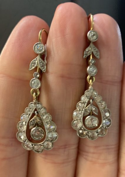 antique diamond drop earrings, 1910 old cut diamonds and single cut diamonds, suspended a pear