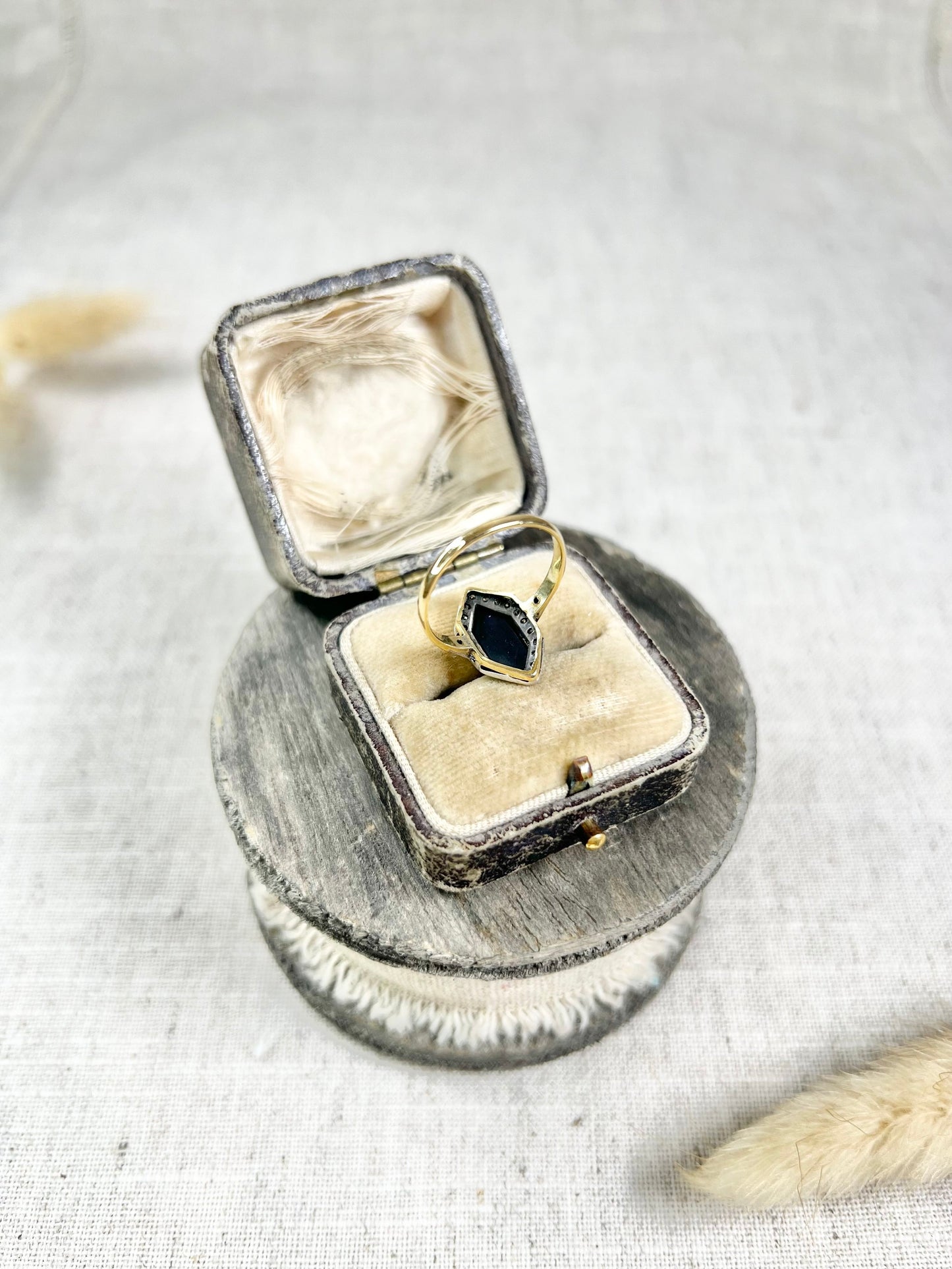 Antique 18ct Gold Stamped, 1920’s Onyx & Diamond Marquise Ring
