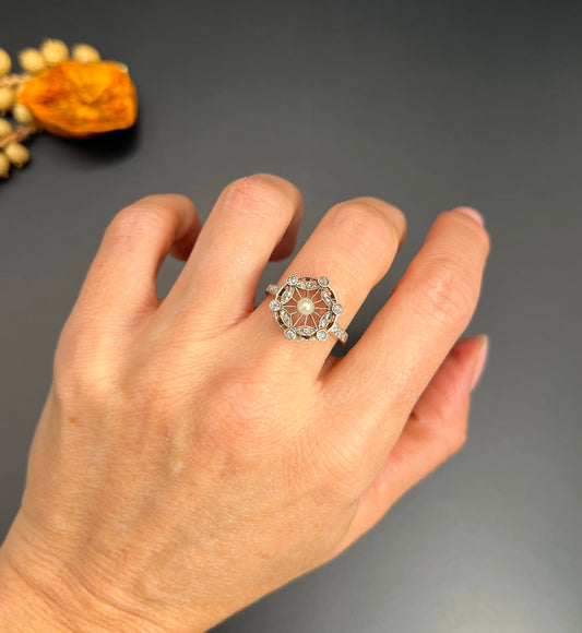 Antique 18 Carat Rose Gold And Platinum, Edwardian Diamond And Pearl Fancy Cluster Ring