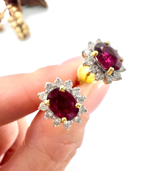 18 Carat Gold Natural Ruby and Diamond Cluster Stud Earrings, Circa 2000
