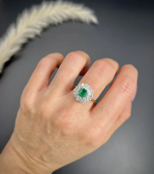 Vintage Emerald and Diamond Double Cluster Ring