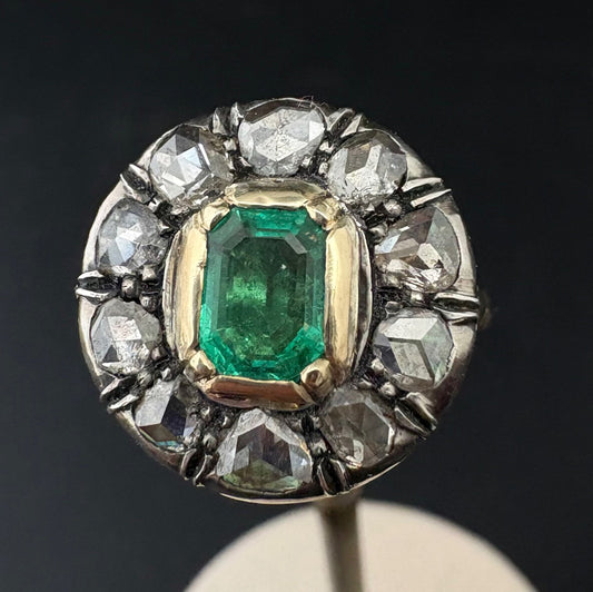 Georgian Antique Colombian Emerald and Rose Cut Diamond Cluster Engagement Ring