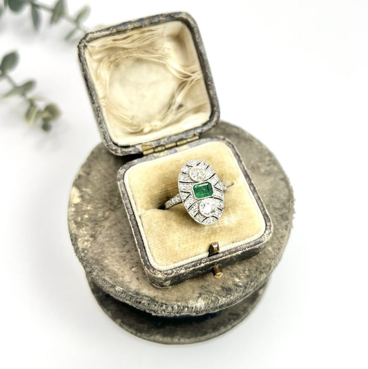 Platinum, Art Deco Style, Emerald and Diamond Oval Shield Shaped Ring