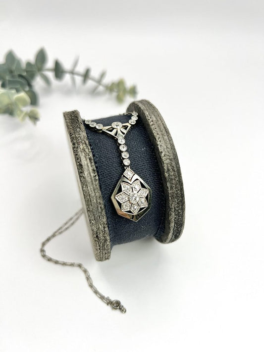 Antique Diamond Snowflake Pendant Necklace In Platinum