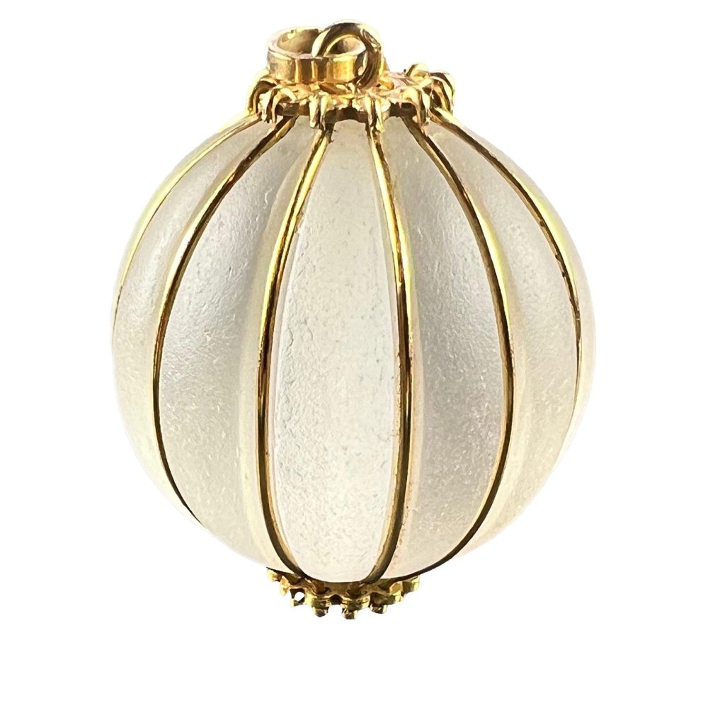 Frosted glass gadrooned spherical pendant in gold.