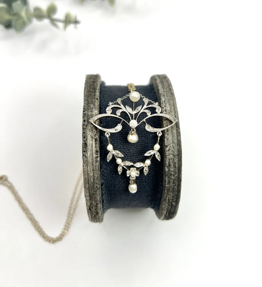 Antique Platinum & 18ct Gold Edwardian Diamond and Pearl Floral Design Necklace