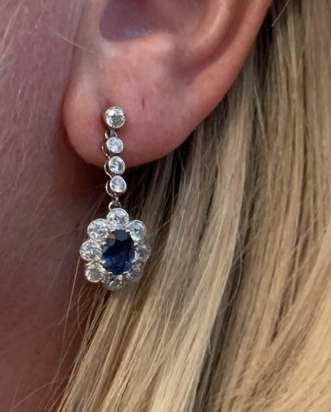 2.50ct Sapphire and Diamond Oval Floral Cluster Drop Earrings