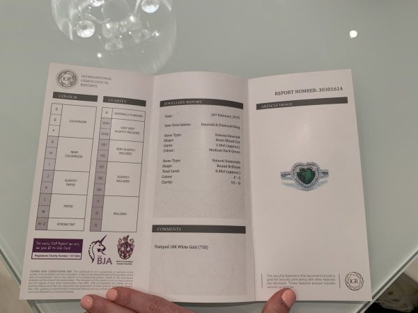 Heart Shaped Emerald and Diamond Engagement Ring in 18ct White Gold