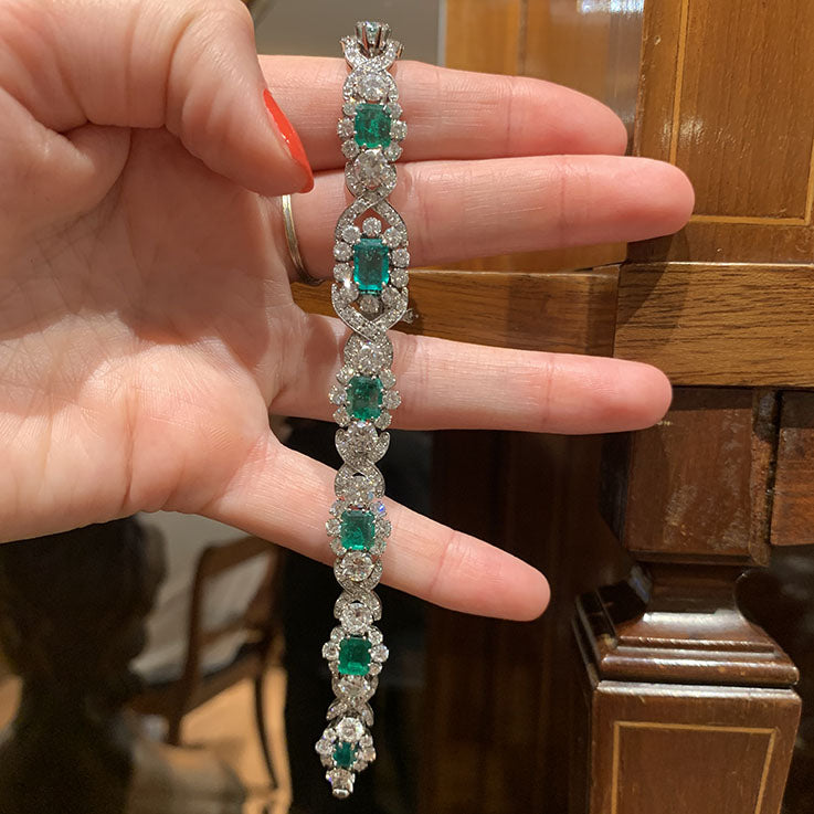 Vintage 1950s Colombian Emerald and Diamond Bracelet in White Gold