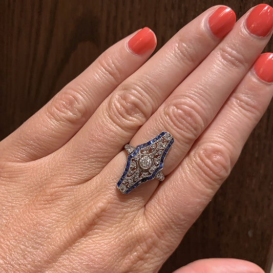Antique Art Deco Platinum Diamond and Sapphire Engagement Ring