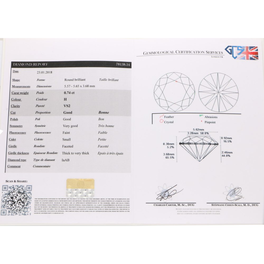 0.74ct Diamond Solitaire Engagement Ring in 18ct White Gold, with certificate