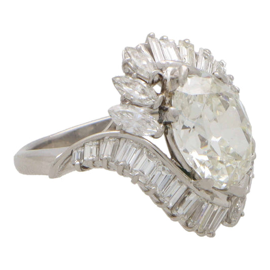 Vintage Old Marquise Cut 4.43 Carat Diamond Cluster Ring In Platinum