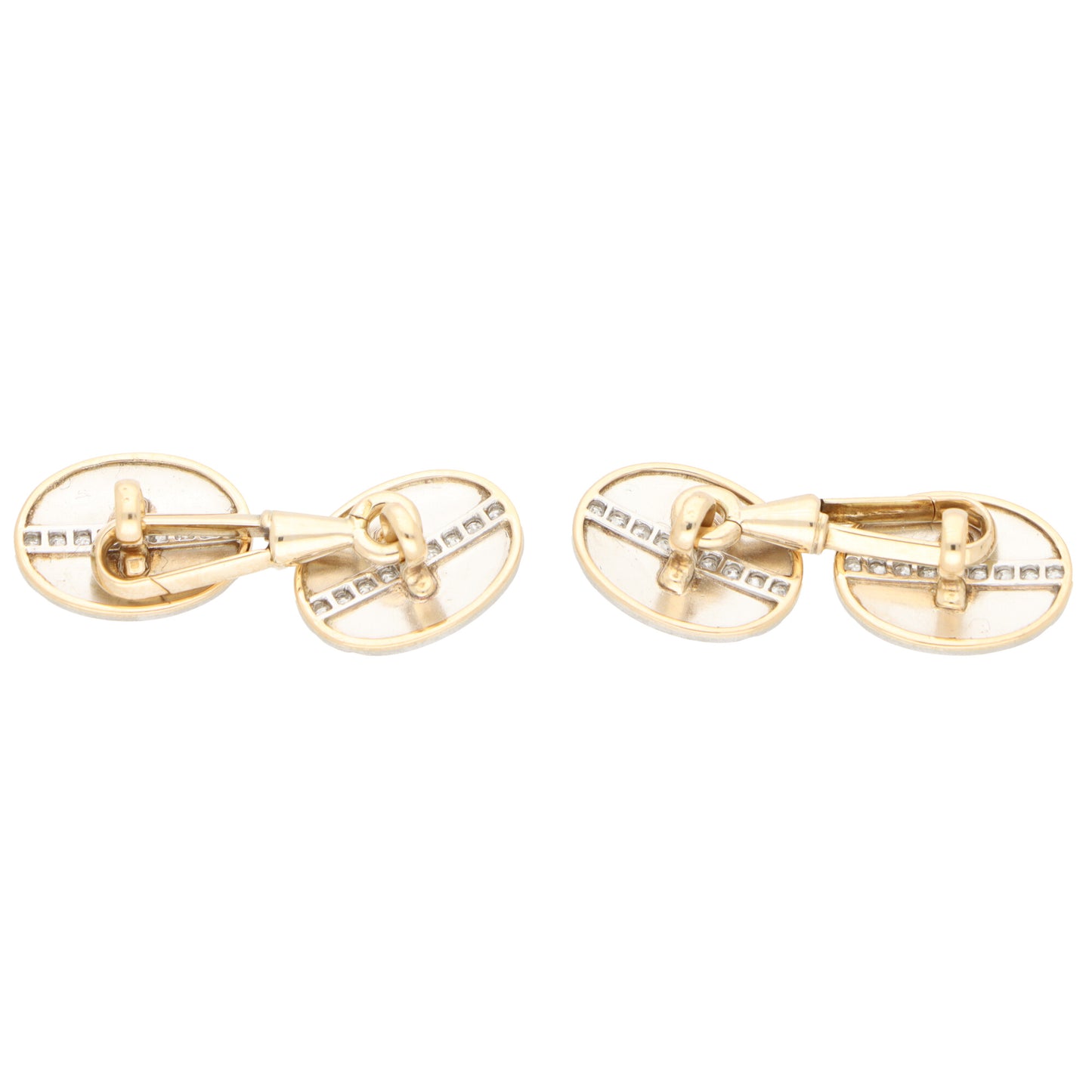A pair of yellow gold oval cufflinks, on a white background