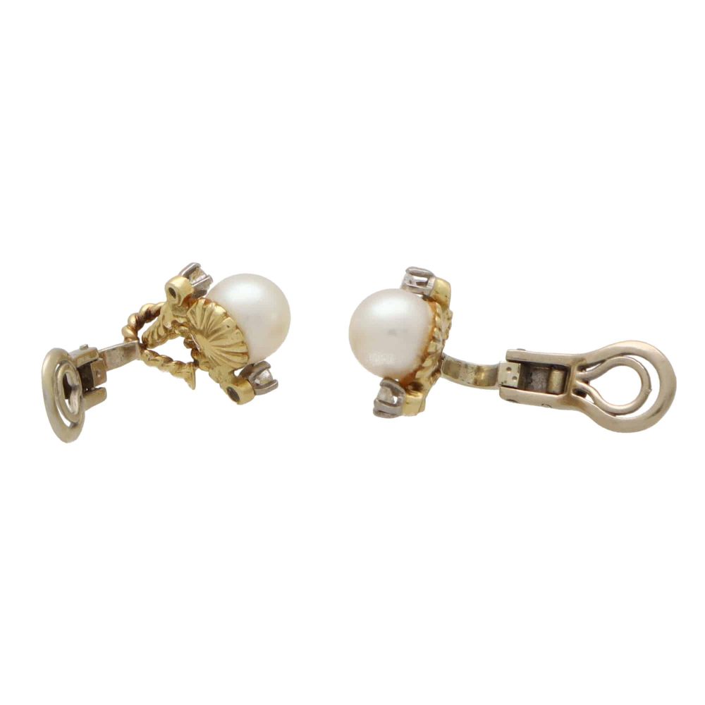 Pearl and diamond twisted rope earrings in gold.