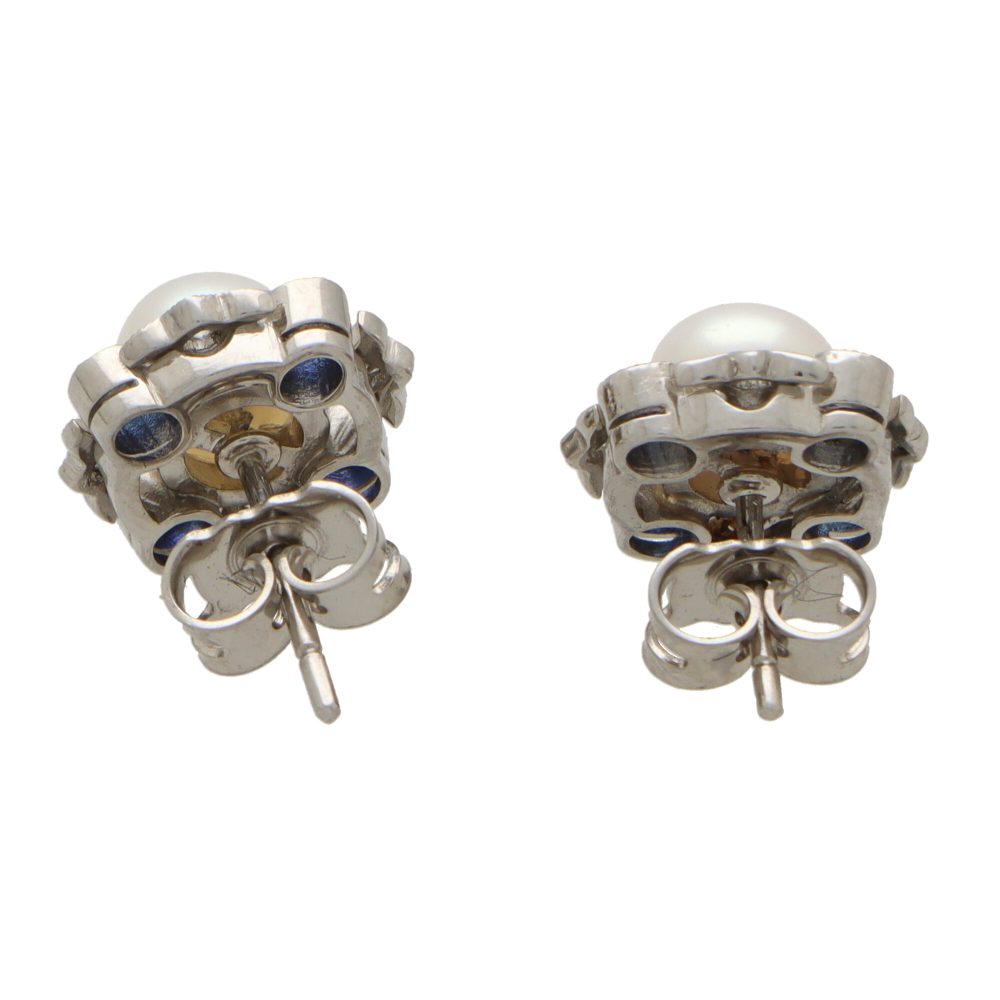 Sapphire Diamond and Pearl Cluster Stud Earrings