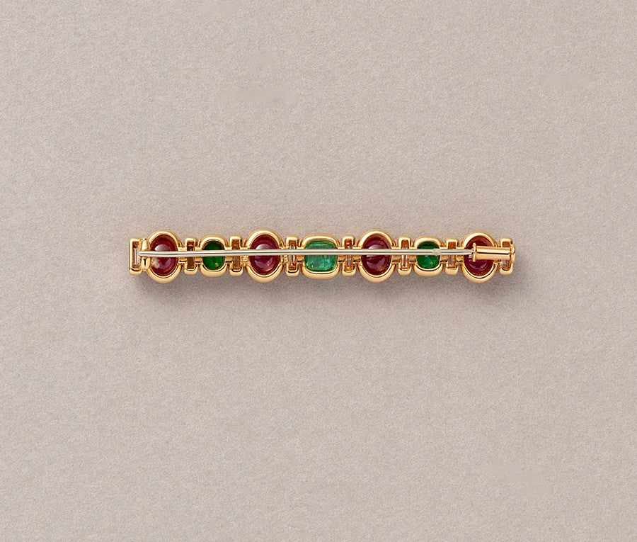 Vintage Trudel 18ct Gold Bar Brooch with Rubies, Diamonds & Emeralds