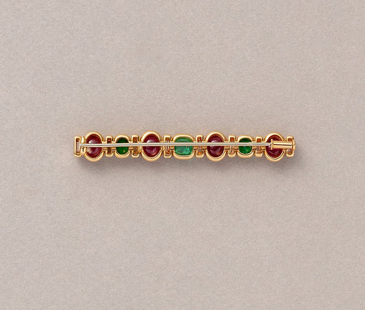 Vintage Trudel 18ct Gold Bar Brooch with Rubies, Diamonds & Emeralds