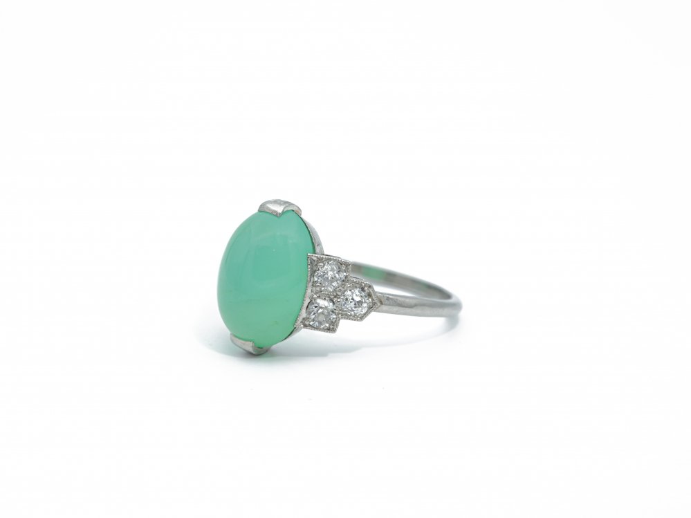 Late Art Deco Chrysoprase and Old Cut Diamond Ring