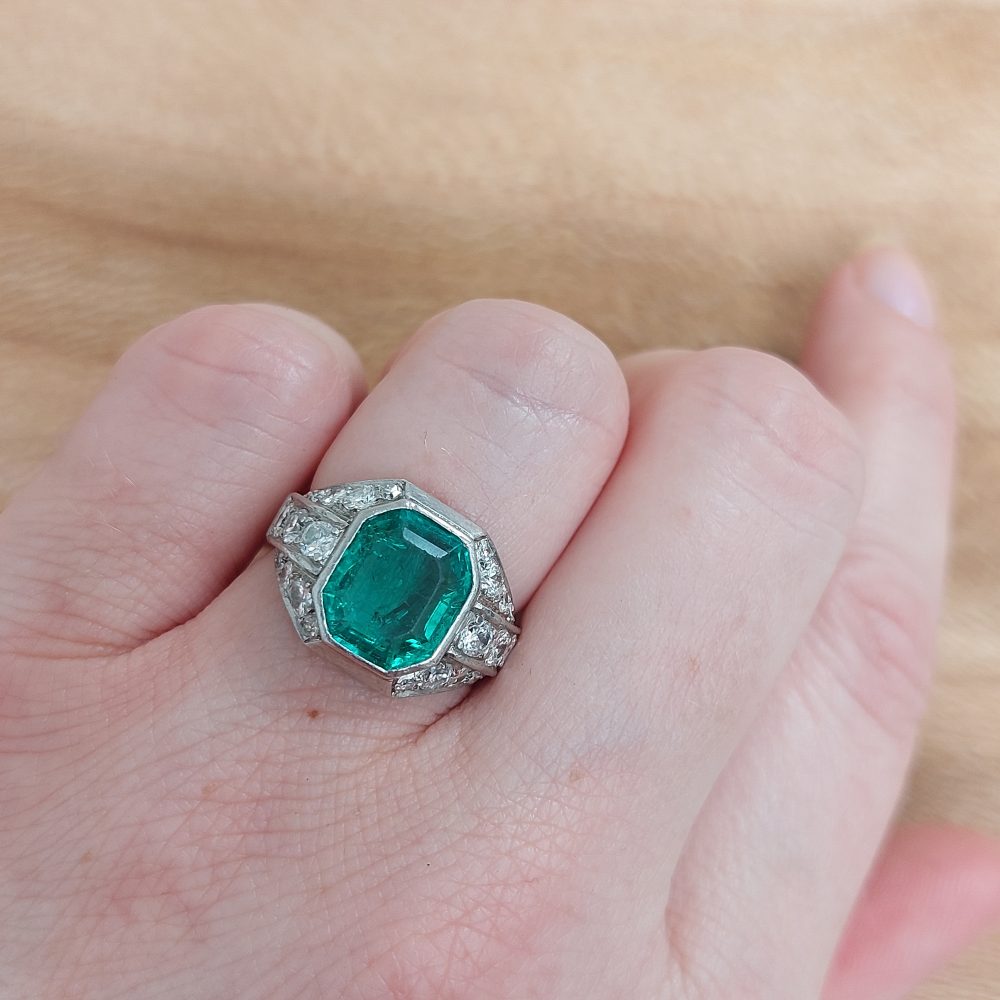 Late Art Deco Emerald and Diamond Ring