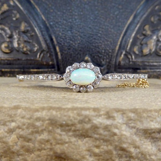 Late Victorian Antique Opal and Diamond Cluster Bangle Bracelet