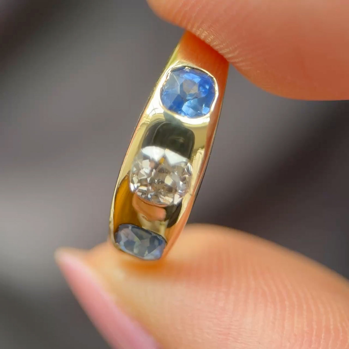 Late Victorian Antique Old Cut Diamond and Sapphire Three Stone Gypsy Ring