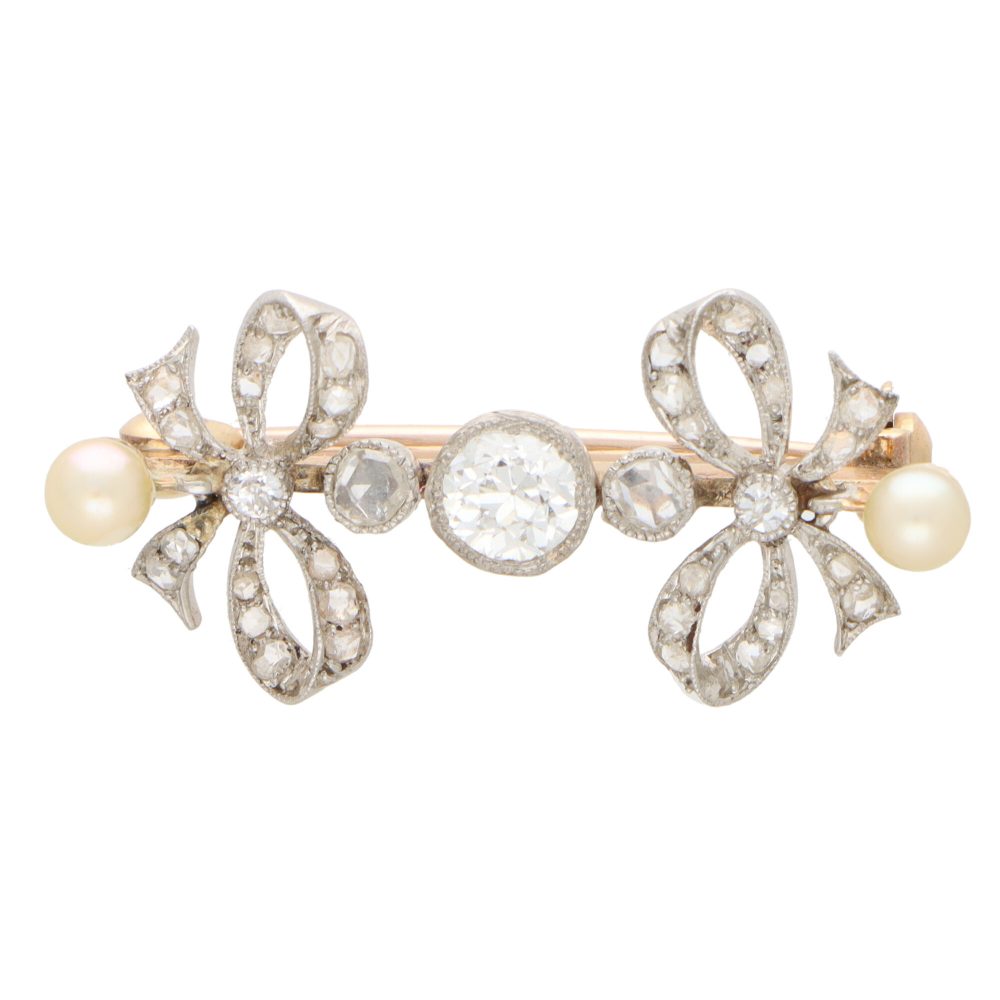 Antique Art Deco Diamond and Pearl Bow Pin Brooch