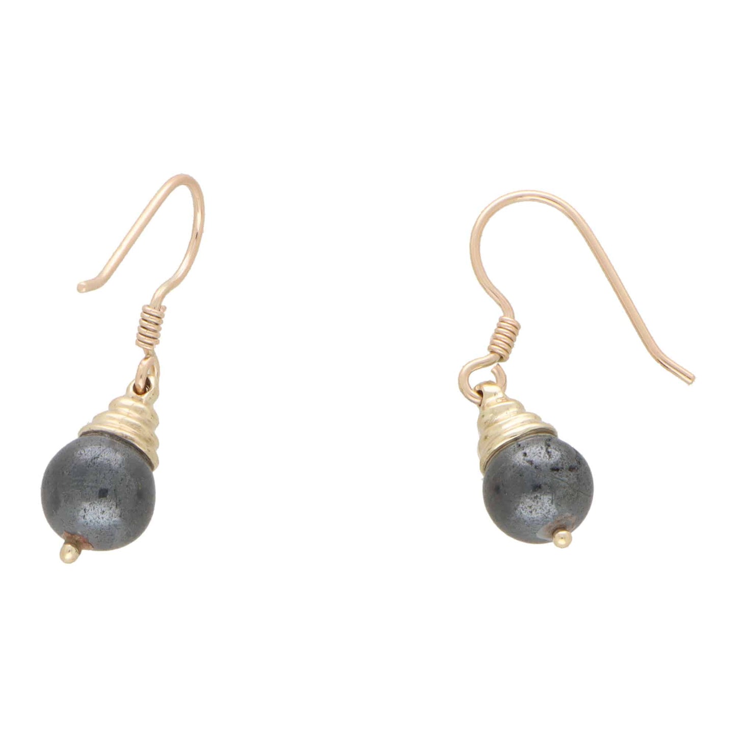 A pair of hematite drop earrings in yellow gold on a white background